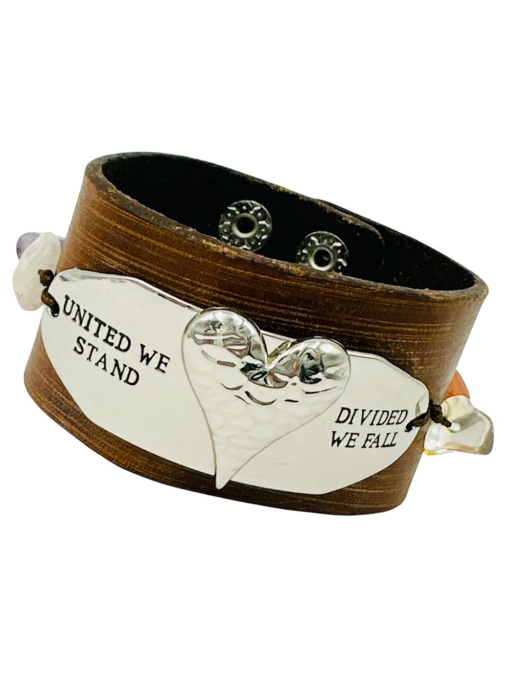 United We Stand Boho Leather Strap Snap Bracelet